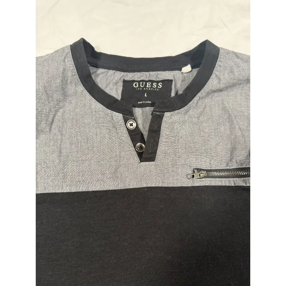 GUESS Men L Colorblock Henley Short Sleeve T-Shirt Black Grey Faux Zip Pocket - Picture 3 of 6